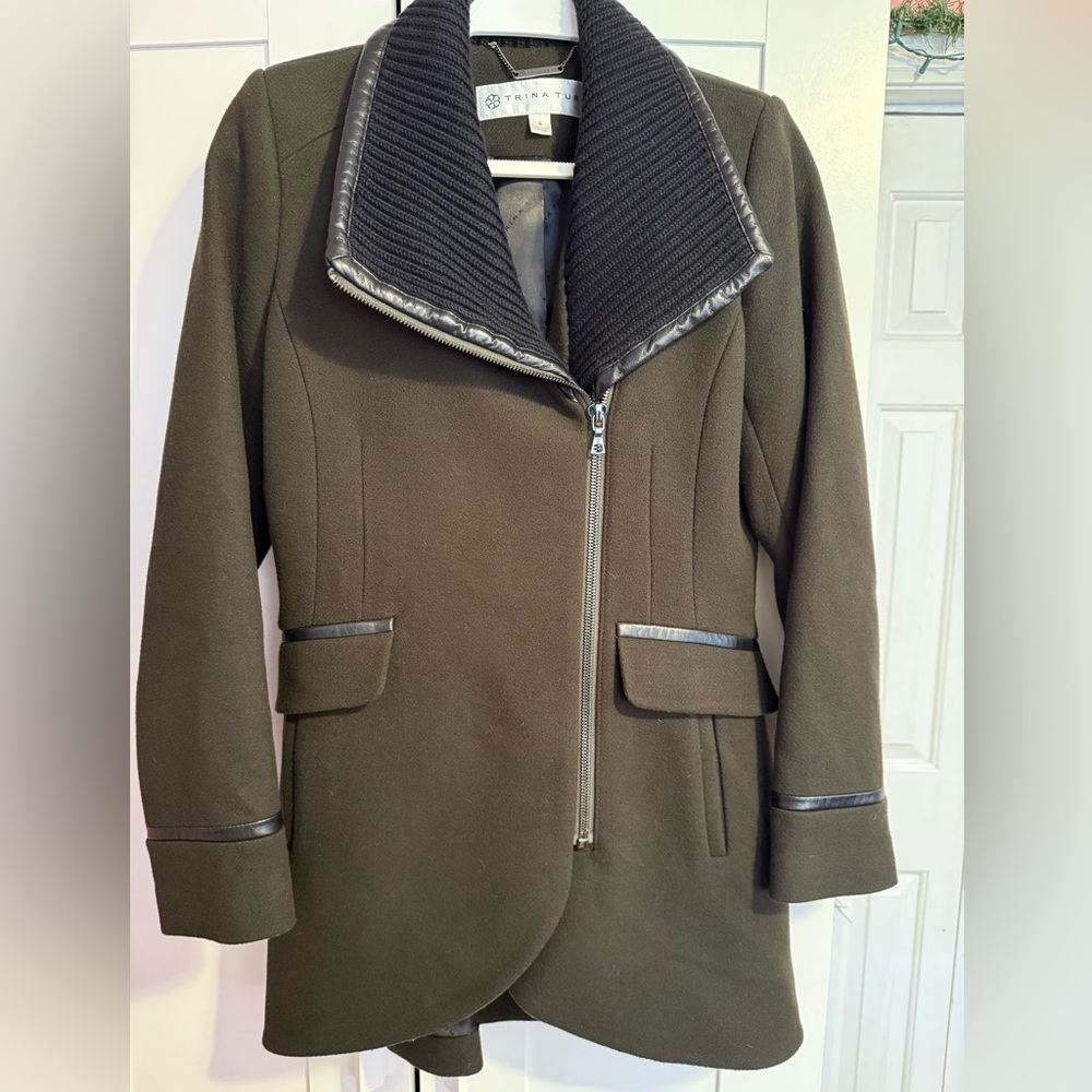 Trina Turk Olive Green Wool Coat with leather trim and asymmetrical zipper